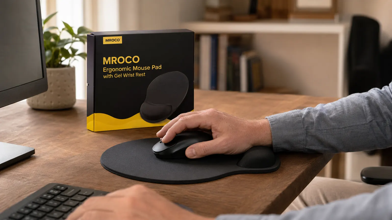 Close-up of a hand resting on the MROCO gel wrist rest mouse pad while using a mouse