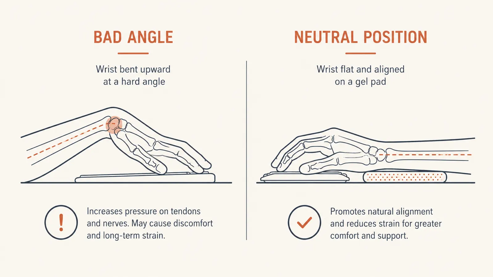 Diagram showing wrist angle comparison between a flat desk surface and a gel wrist rest