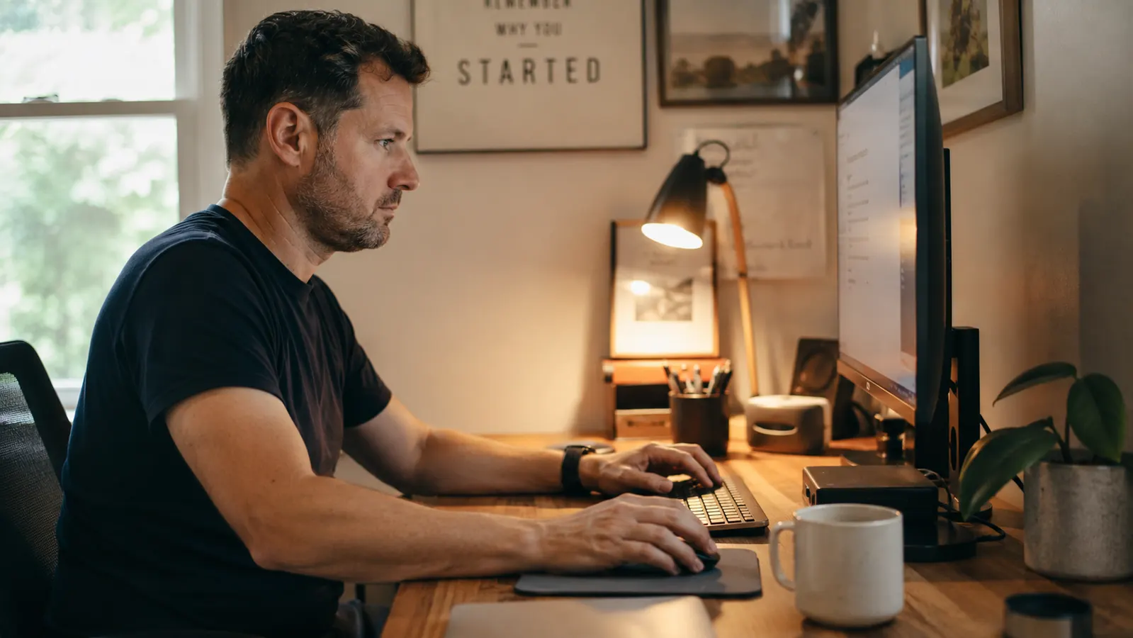 Home office desk corner with mouse pad, keyboard, and coffee mug, organized and clutter-free
