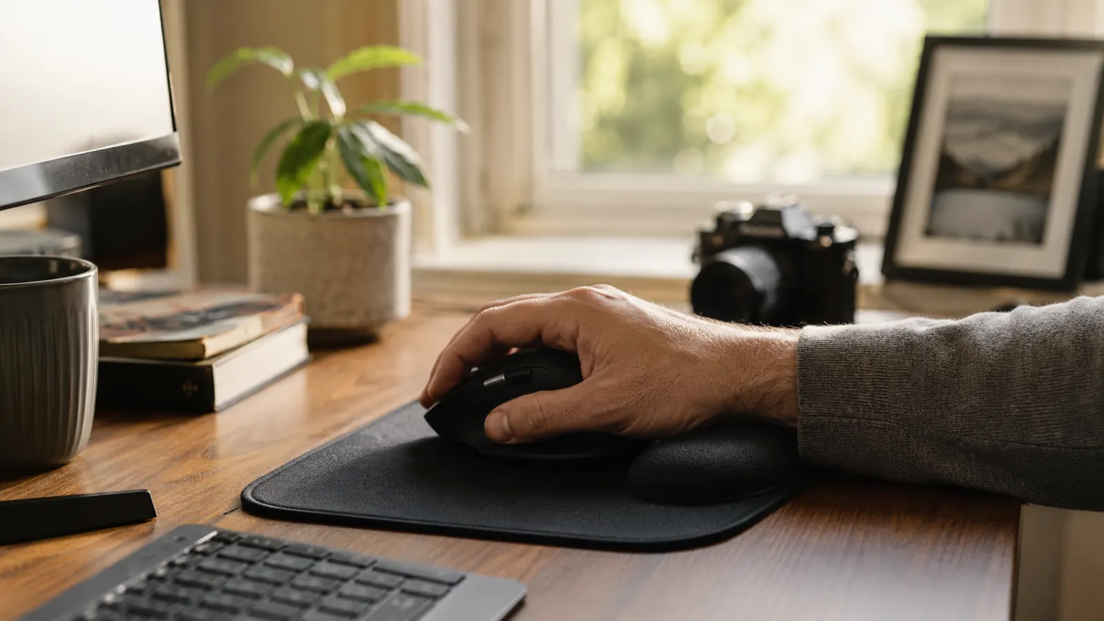 Person working at a home office desk with a gel wrist rest mouse pad in use, natural window light