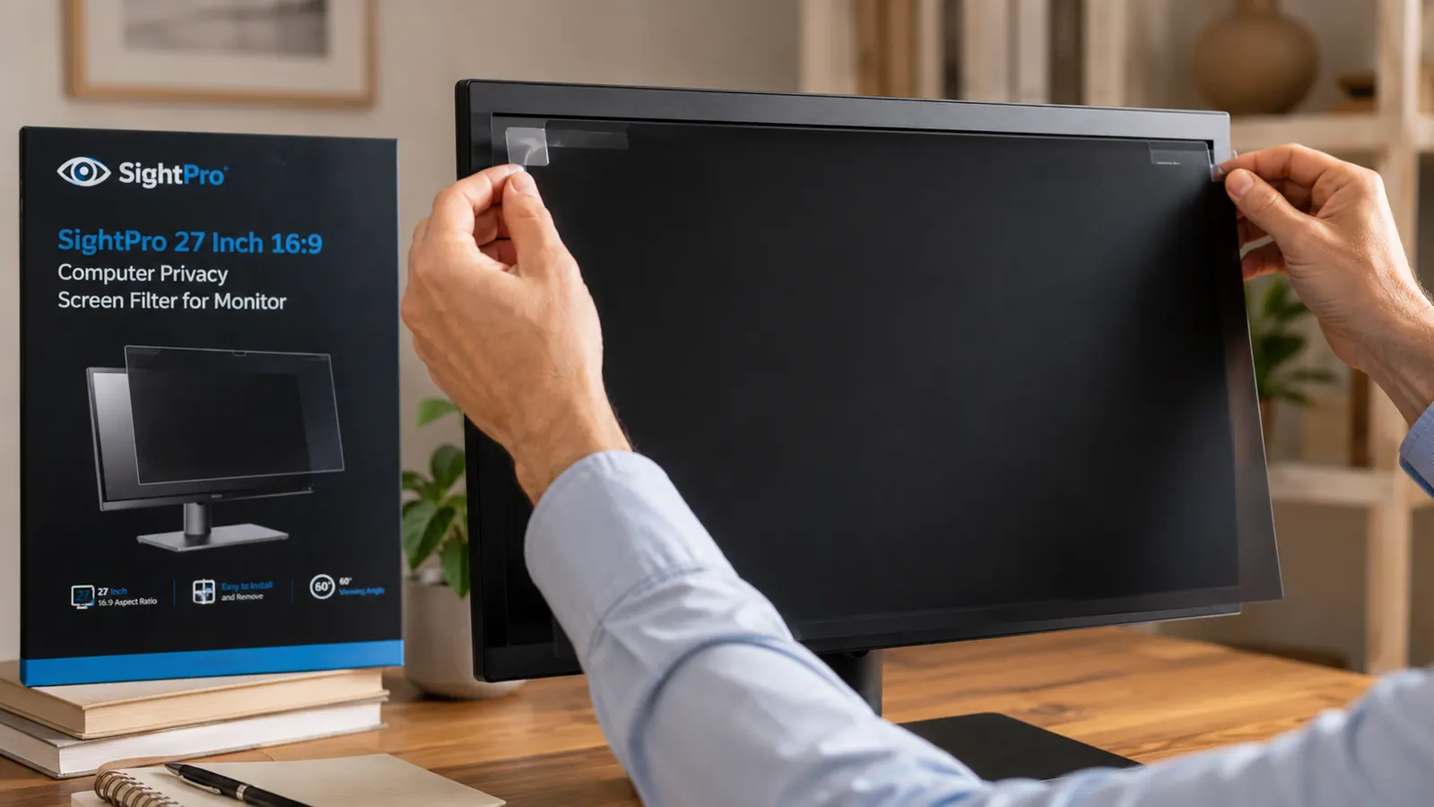 SightPro privacy filter being attached to a monitor with the included mounting strips