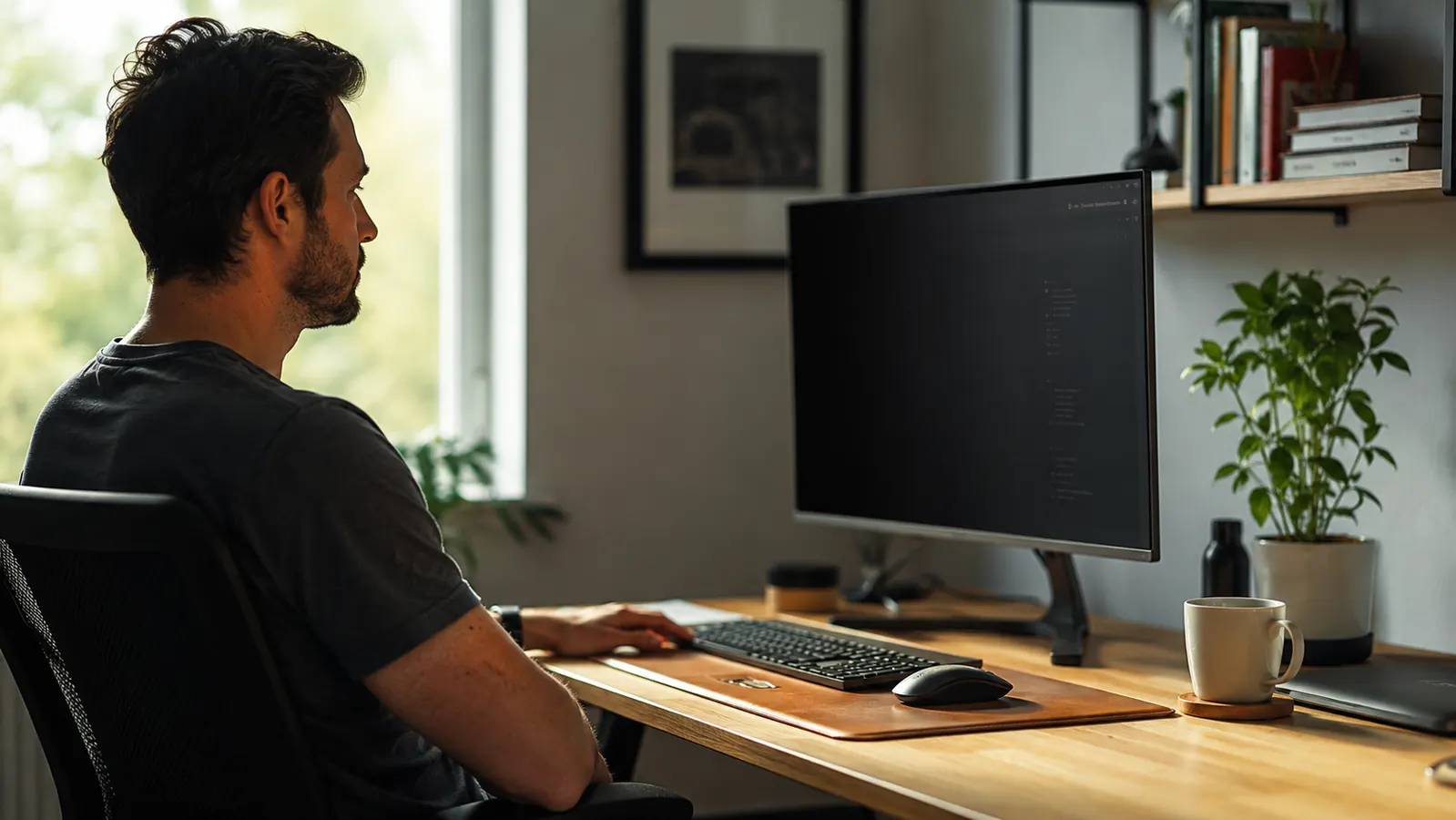 Monitor with a privacy filter on a clean home office desk, screen dark from the side angle