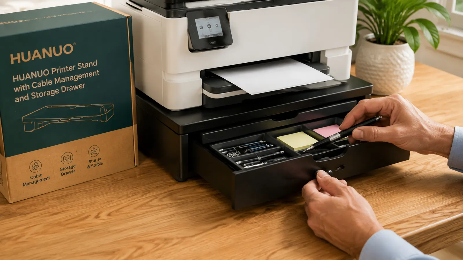 HUANUO printer stand with open storage drawer holding office supplies