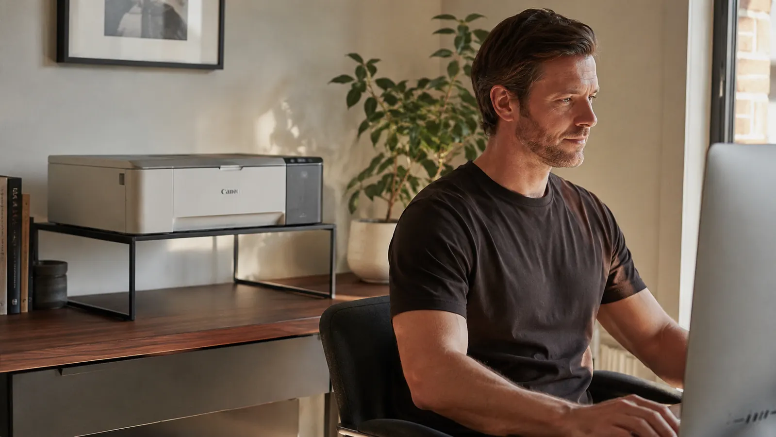 Tidy home office desk with printer elevated on a stand and clear workspace below