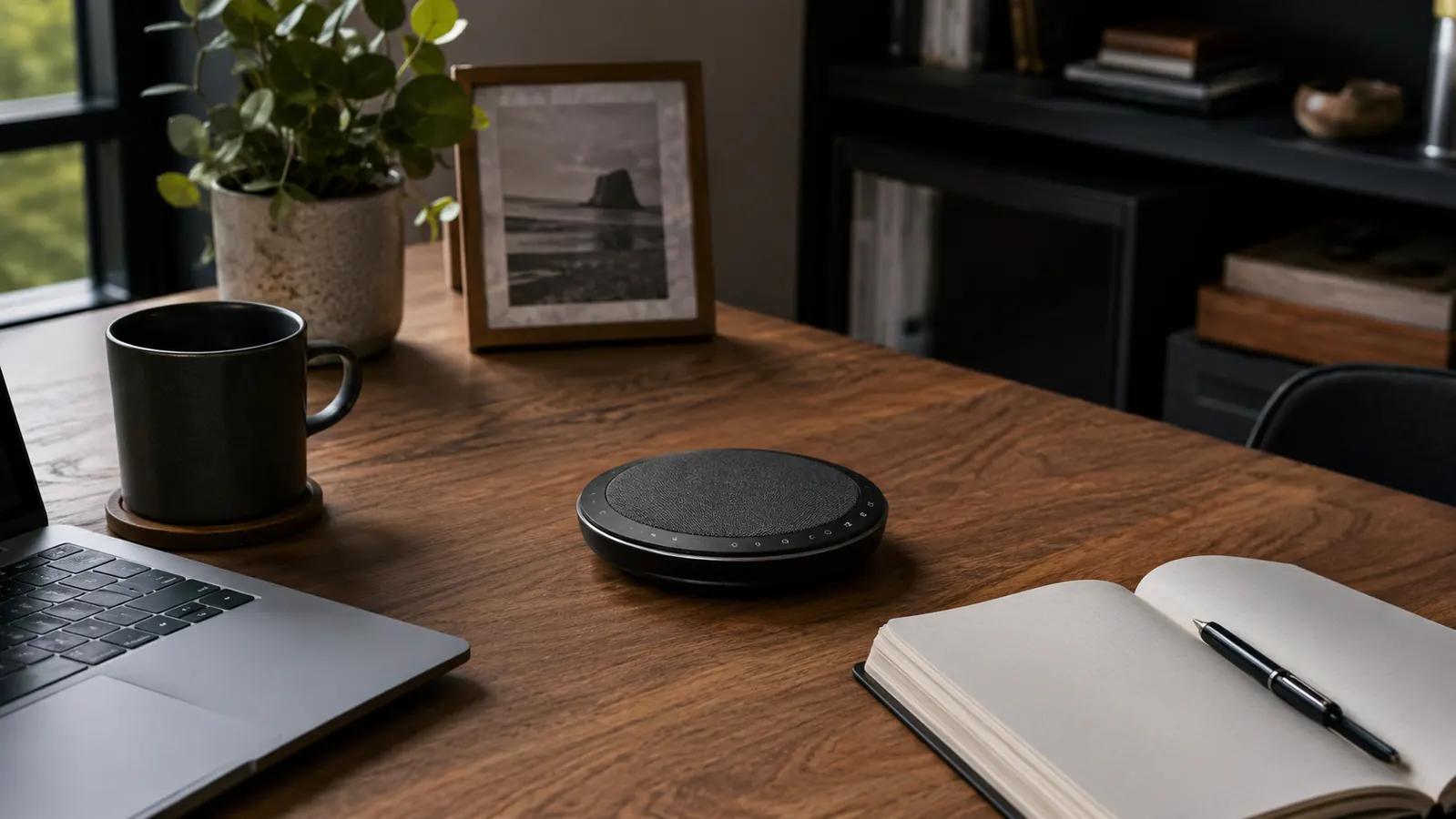 Compact USB speakerphone sitting in the center of a clean home office desk surrounded by a laptop, notebook, and coffee mug