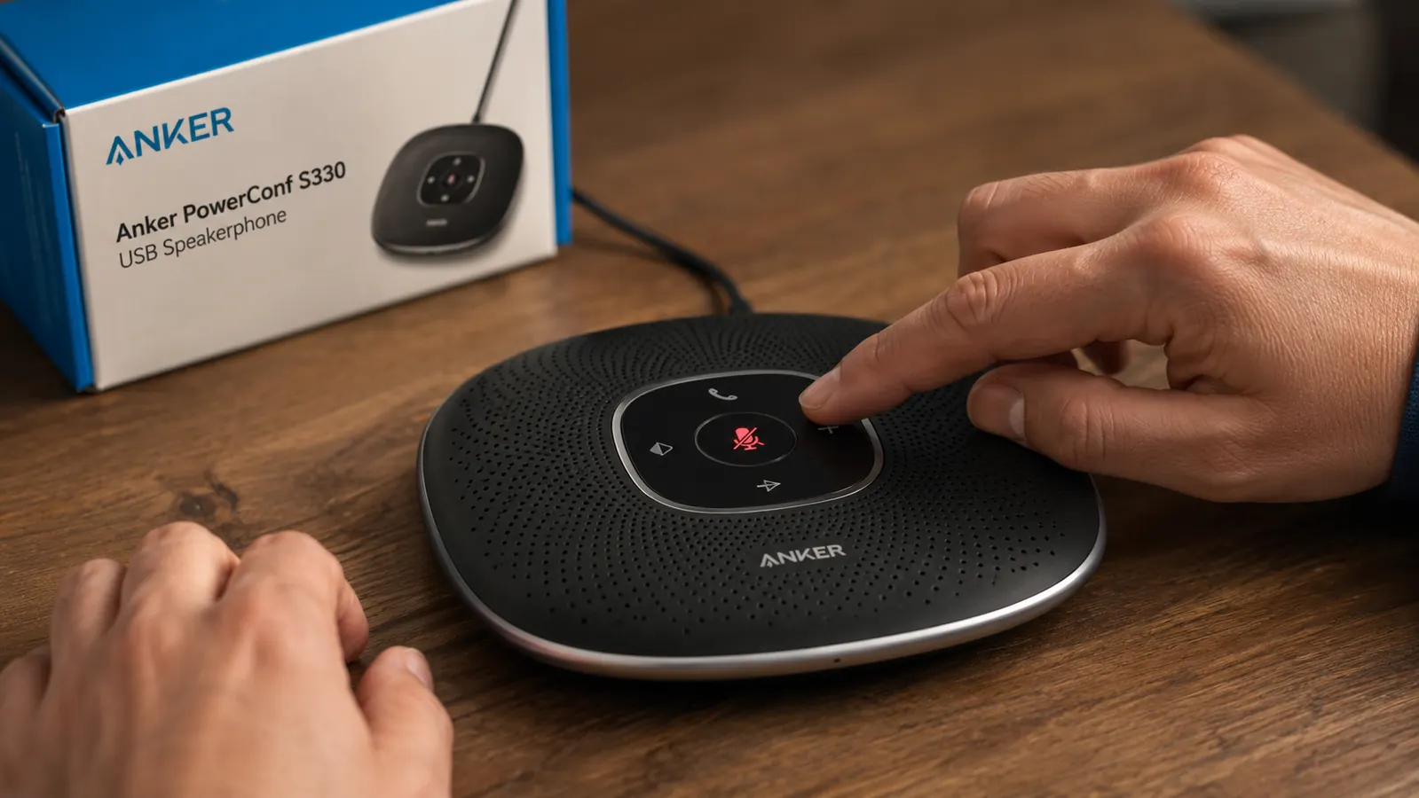 Close-up of the Anker PowerConf S330 mute button glowing red, viewed from desk level