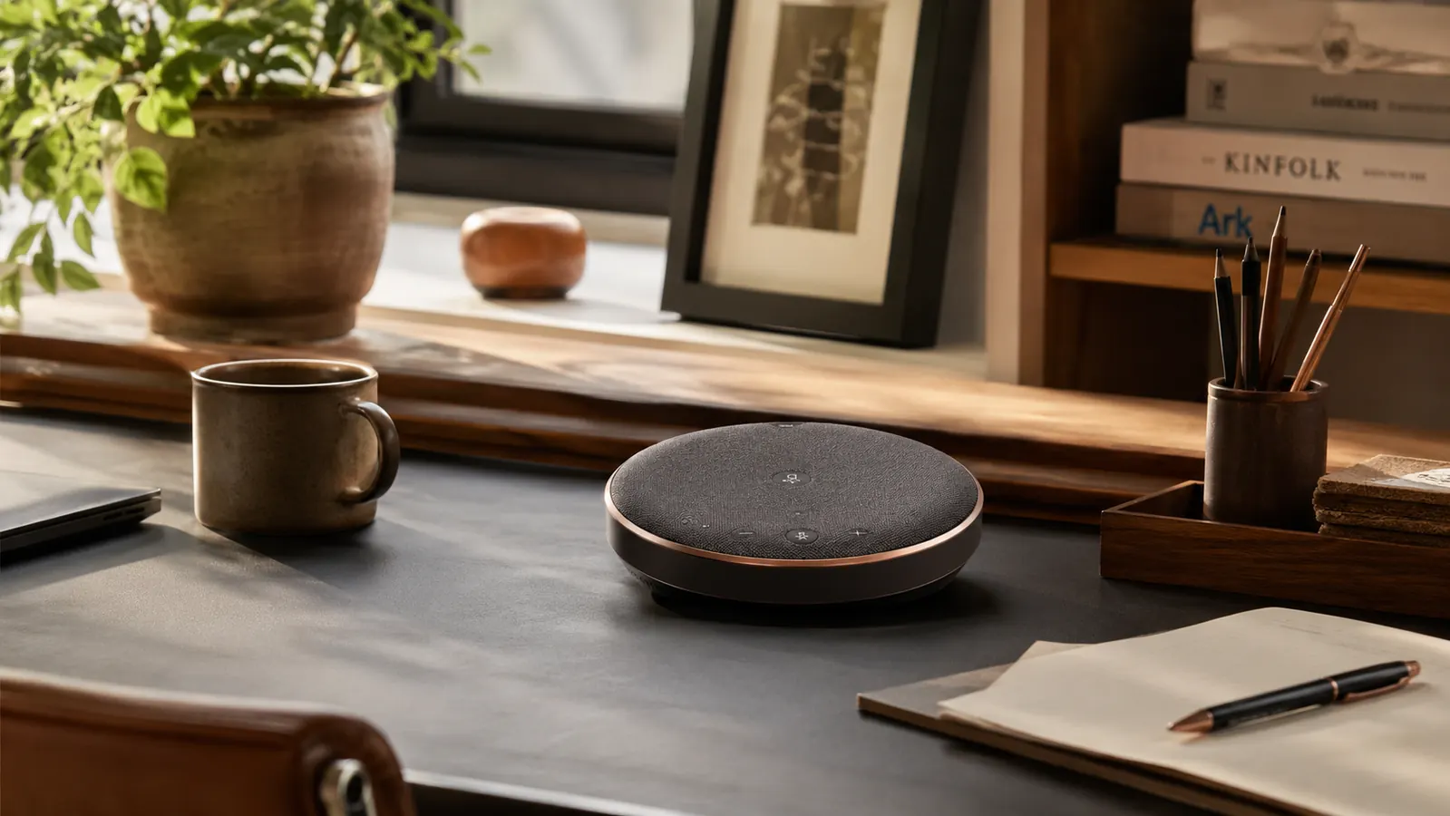 Home office desk with a compact speakerphone in the center, coffee mug to the left, monitor in background, warm morning light