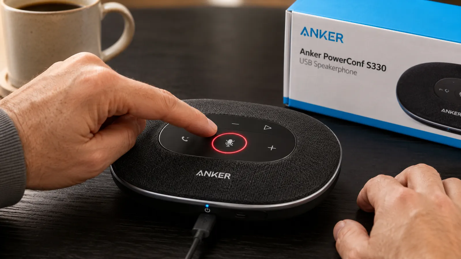 Close-up of the mute button and LED indicator ring glowing red on the Anker PowerConf S330 during an active call
