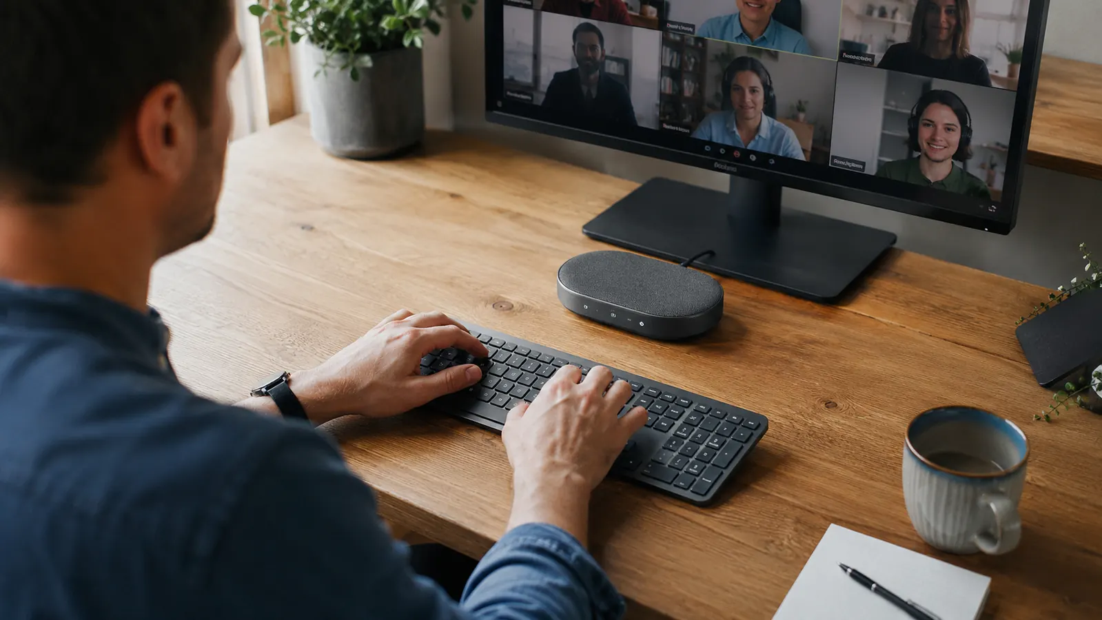 Remote worker with hands free on keyboard during a video call, speakerphone visible on the desk between the keyboard and monitor