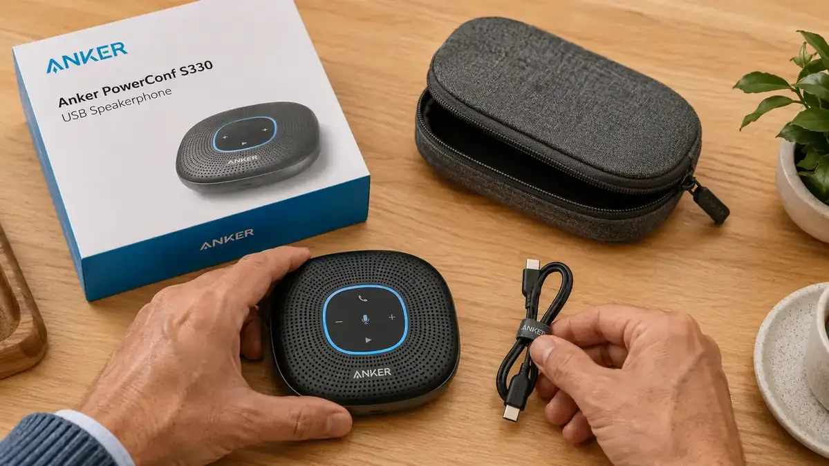 USB-C cable connected to the Anker PowerConf S330 lying on a desk beside the device's carrying pouch