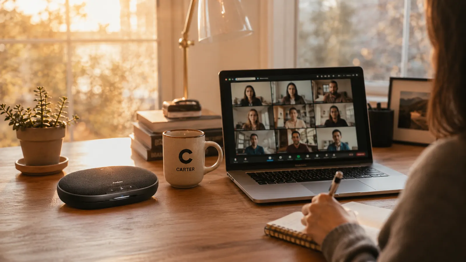 Anker PowerConf S330 speakerphone on a desk next to an open laptop with a video call on screen, late afternoon light