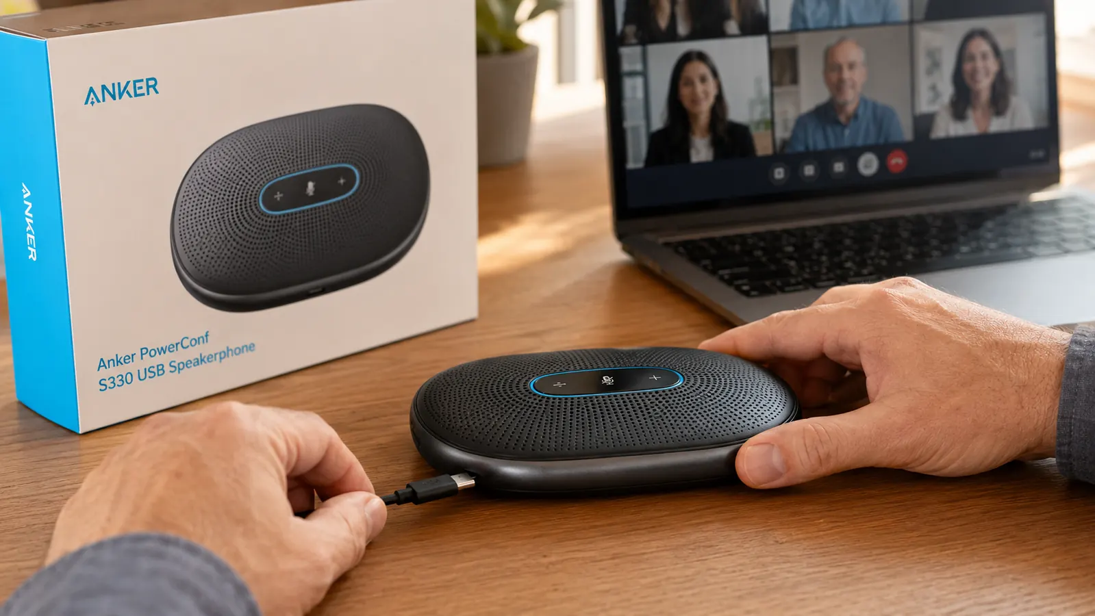 Hand plugging a USB-C cable into the Anker PowerConf S330 during a video call setup
