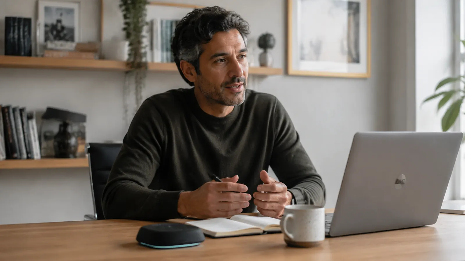 Remote worker sitting at a tidy home office desk having a video call with a speakerphone in the foreground