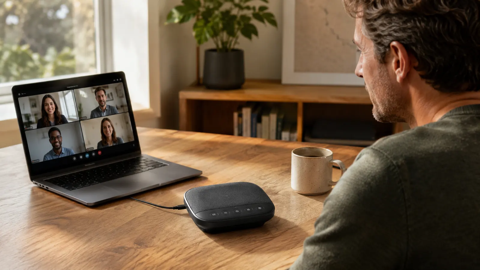 Anker PowerConf S330 speakerphone sitting on a home office desk beside a laptop and coffee mug in morning light