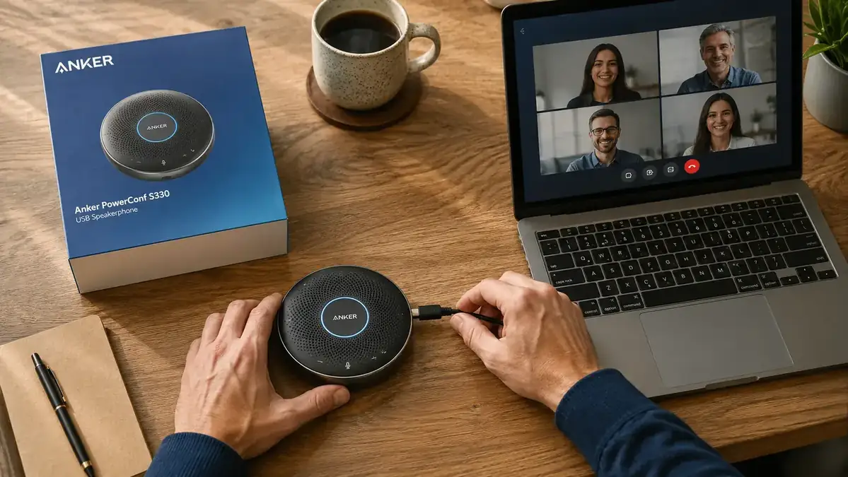 Anker PowerConf S330 plugged into a laptop USB-C port on a home office desk during a video call