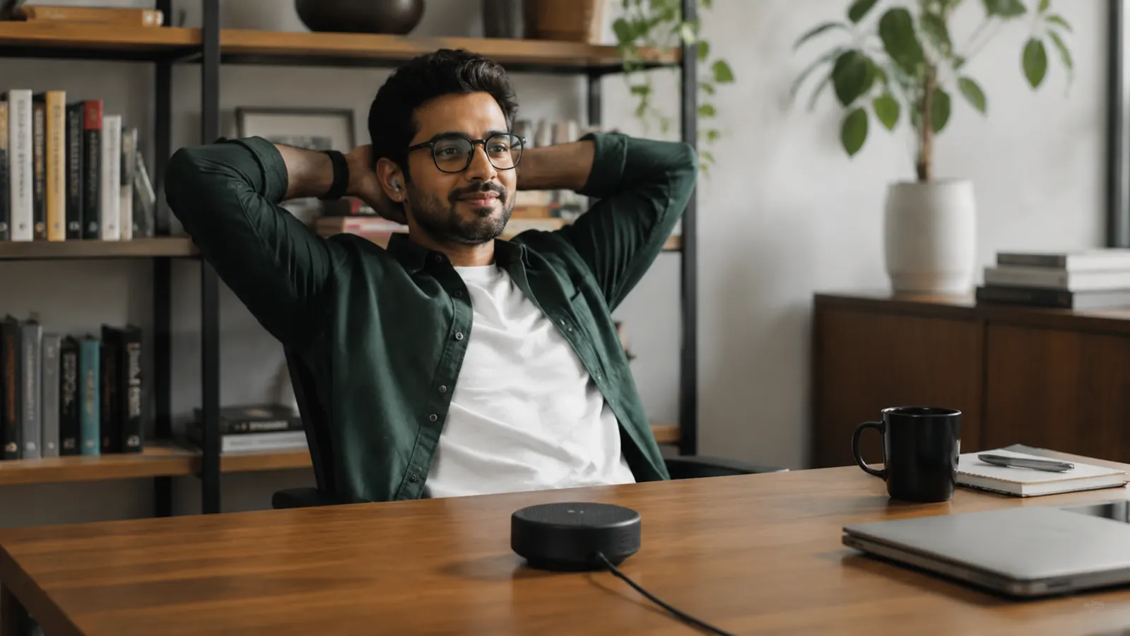 Remote worker leaning back comfortably at desk during a hands-free conference call with a speakerphone in the center