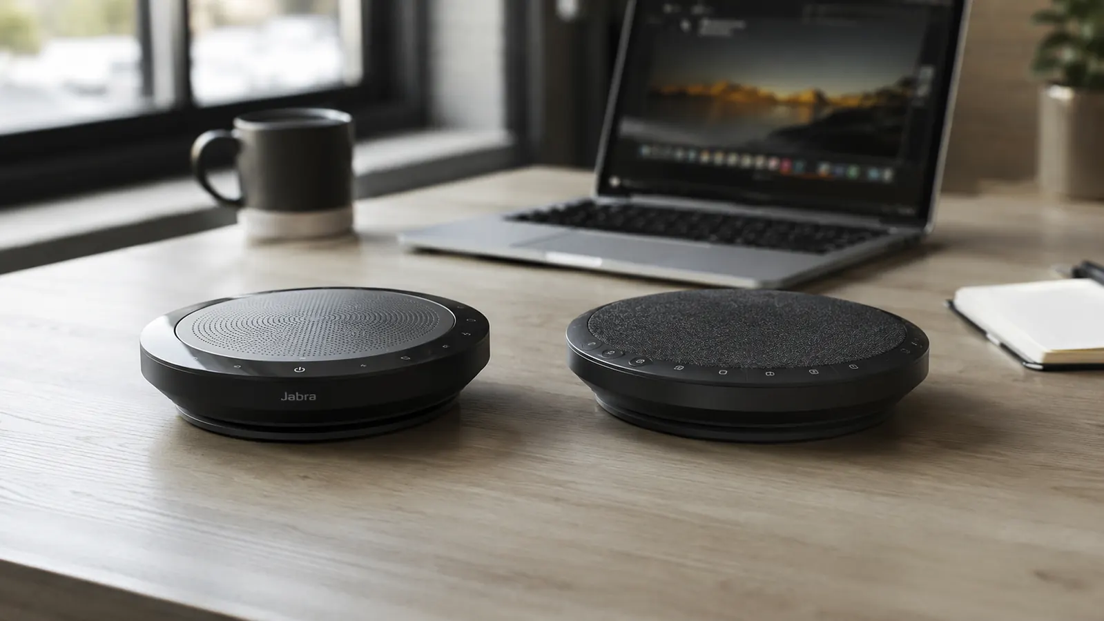 Two USB conference speakerphones side by side on a wood home office desk with a laptop open in the background
