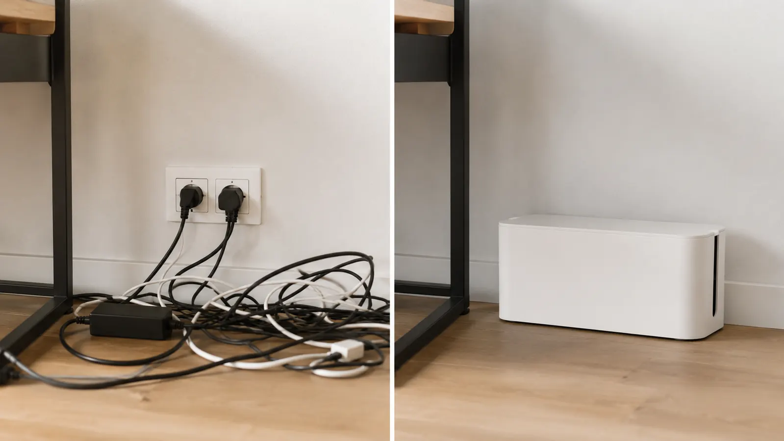 Before and after comparison of a desk corner showing tangled cords versus a clean concealed cable setup
