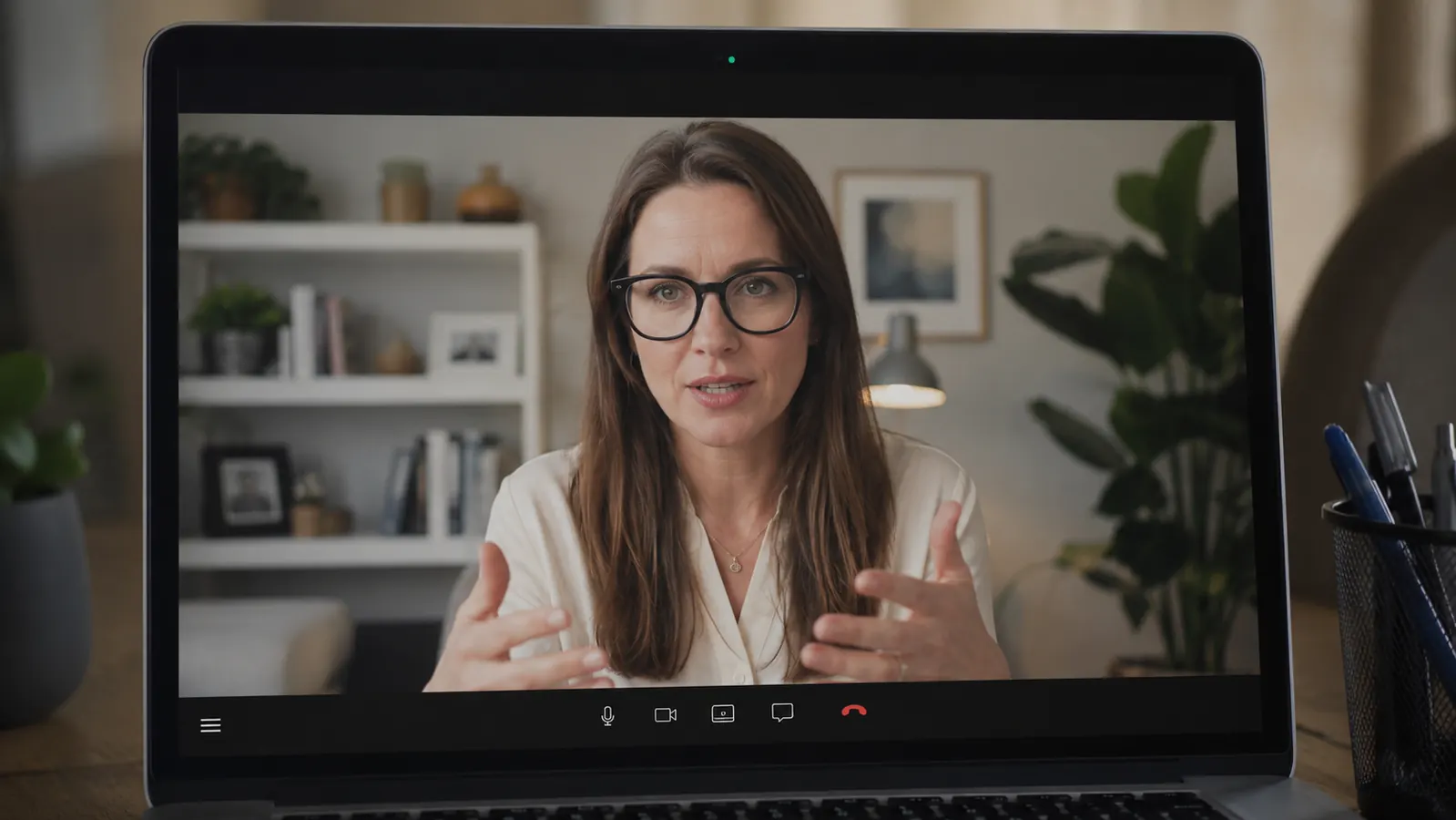 Home office desk seen from behind on a video call, background is clean and professional with no cords visible