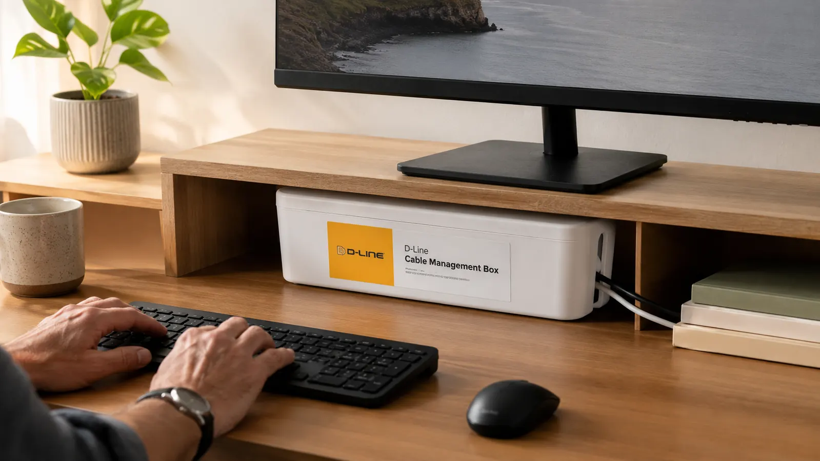 D-Line cable box placed on a low shelf under a monitor with two cords exiting cleanly from one end