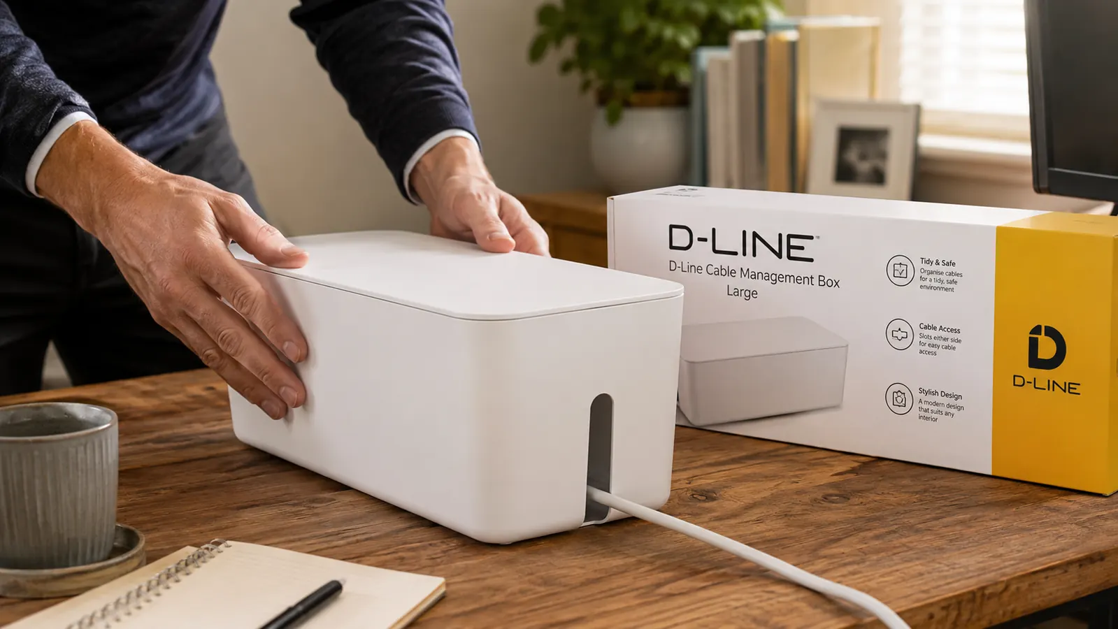 D-Line Cable Management Box sitting on a desk surface with a power strip cord fed through the side opening