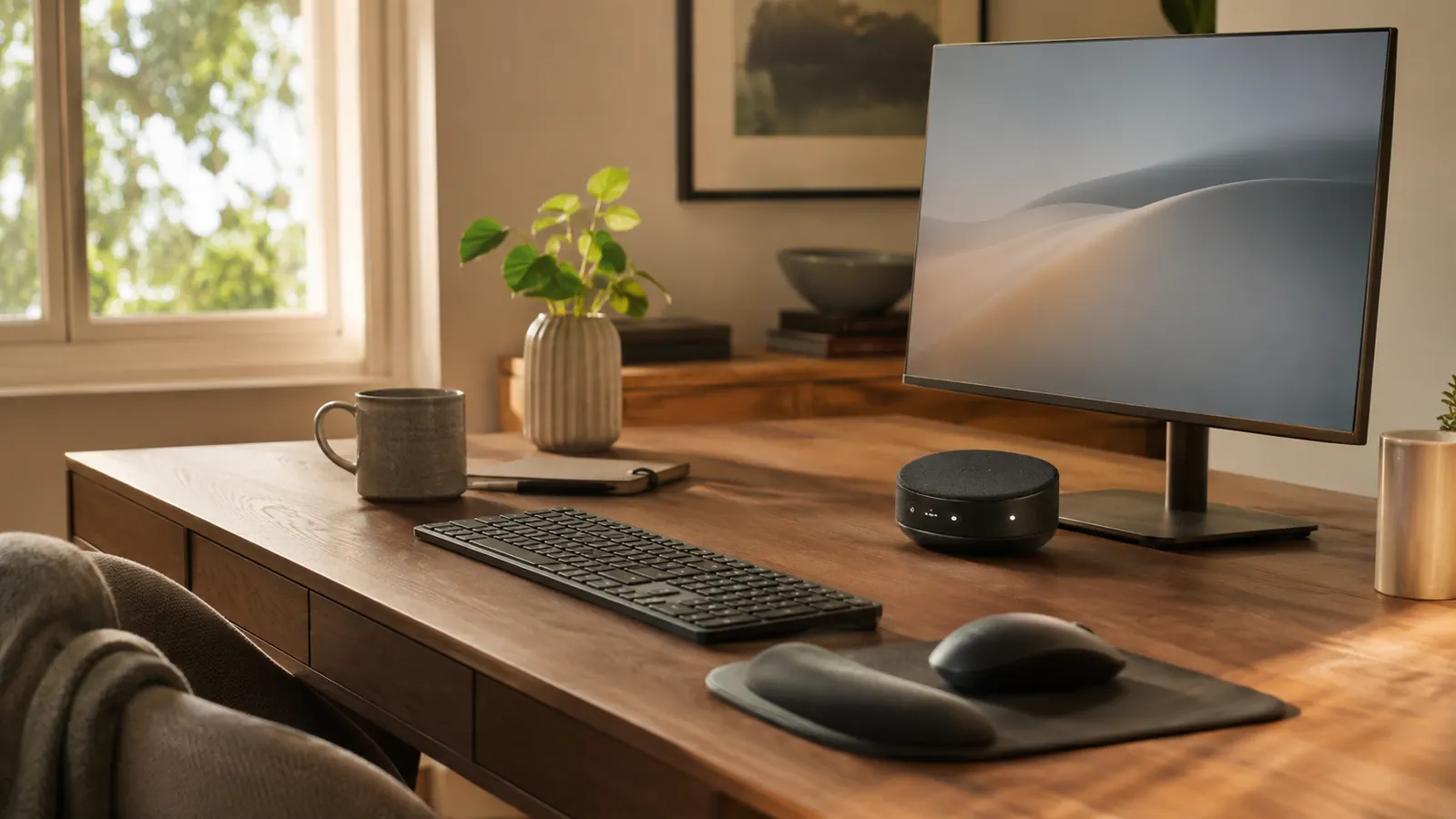 A practical home workstation in warm morning light, calm and grown-up