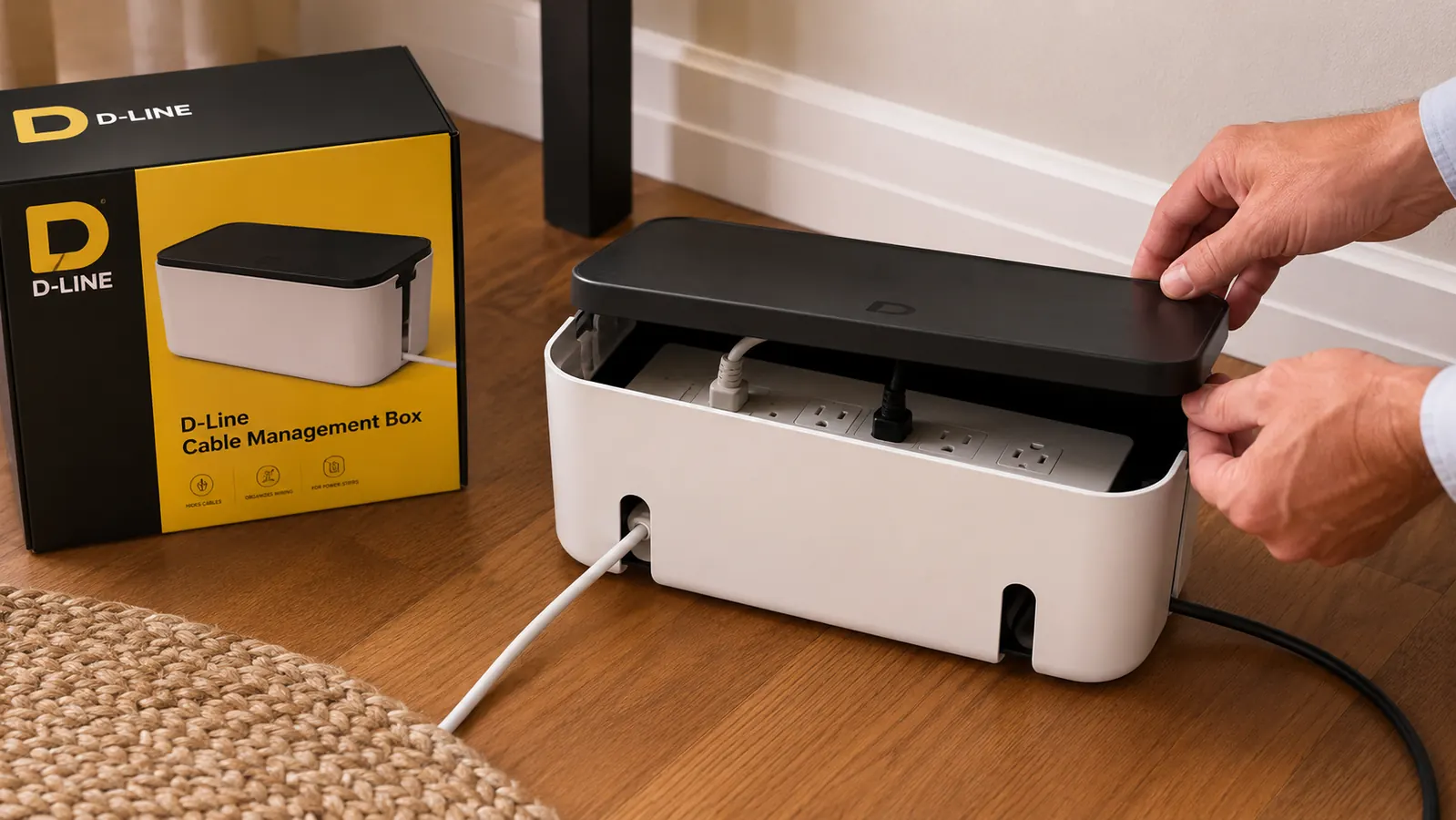 D-Line cable management box sitting on the floor beside a desk with a power strip inside and cable openings visible