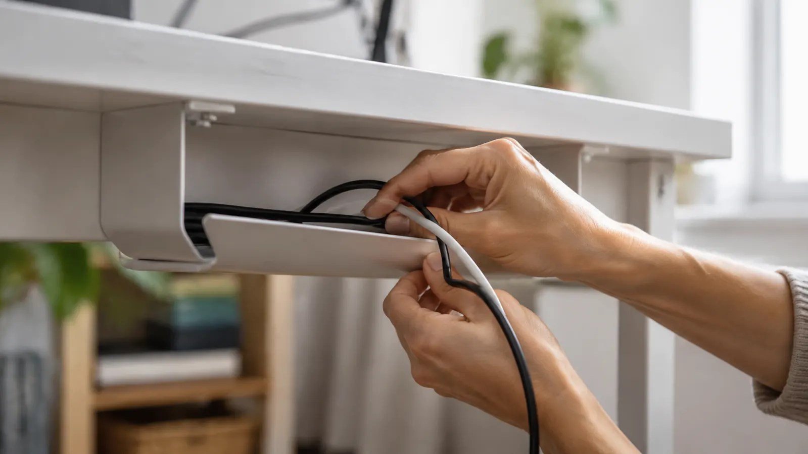 Person routing laptop and monitor cables through a cable tray attached under a desk
