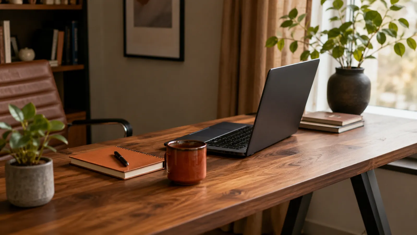 Clean home office desk surface with no visible cables, warm afternoon light through a window
