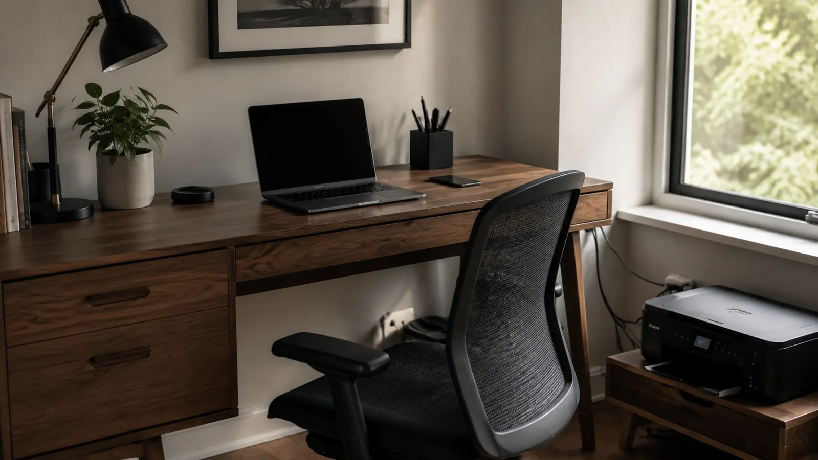 Compact home office desk with printer on a floor stand beside it, cables neatly routed, clear workspace on top