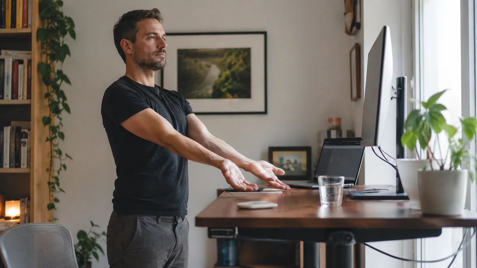 Remote worker stretching their wrists and fingers at a standing desk during a short break
