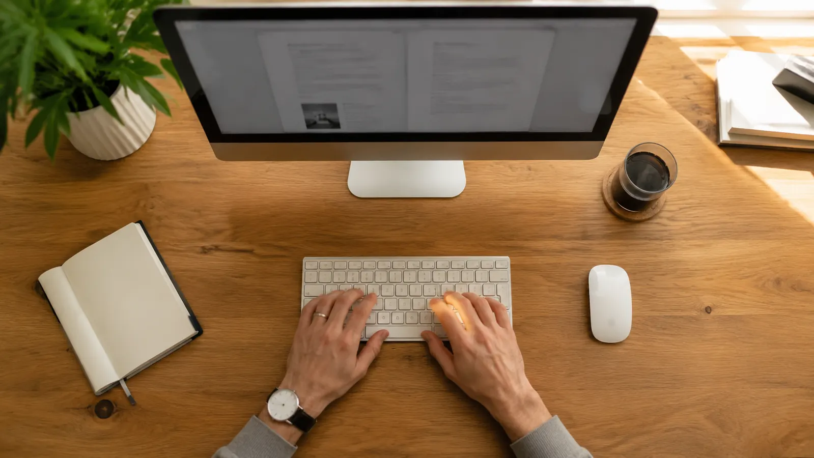 Person typing at a clean home office desk with wrists in a neutral, flat position above the keyboard