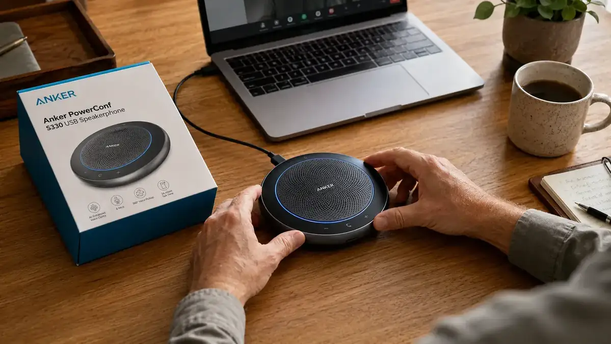 Hands placing the Anker PowerConf S330 speakerphone at the correct distance in front of a laptop
