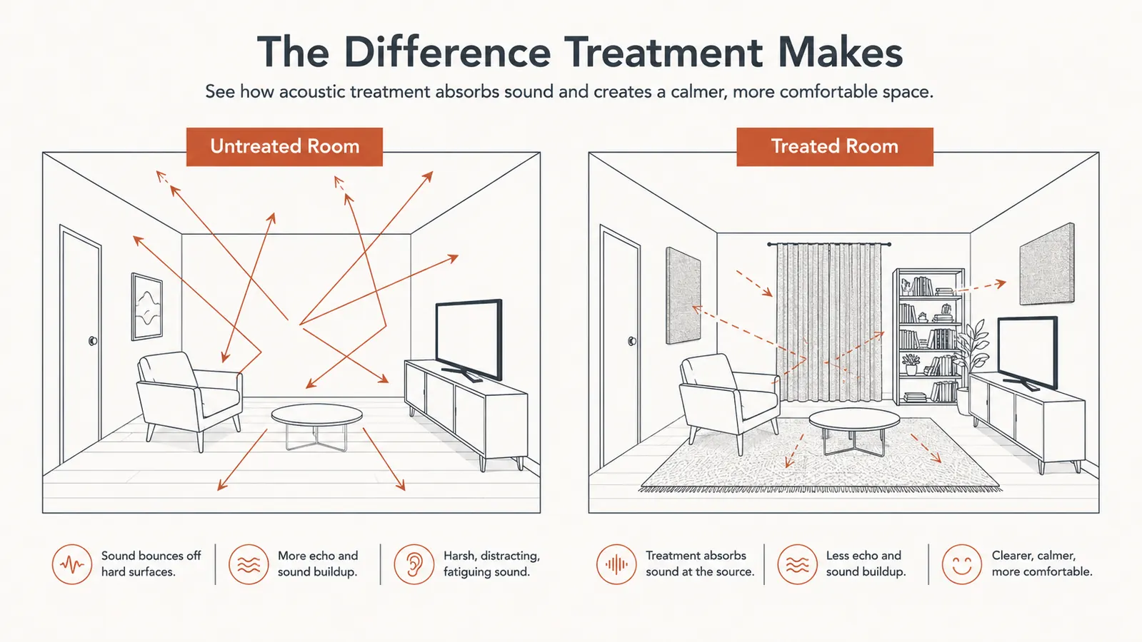 Diagram showing sound reflection paths in a home office with hard floors and bare walls versus a treated room with rugs and curtains