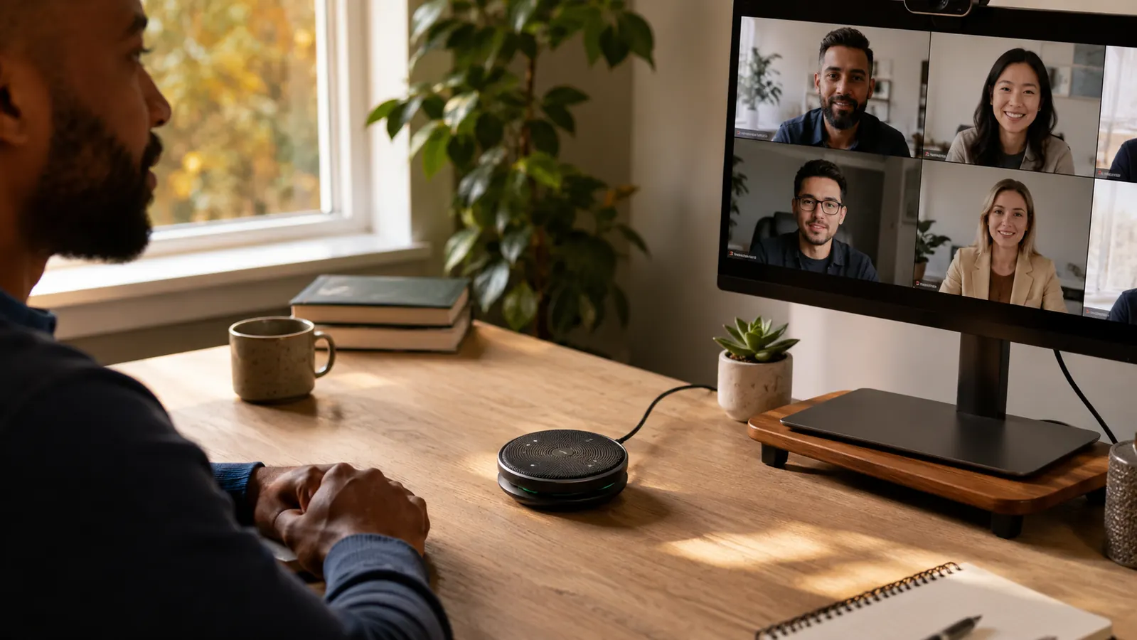 A clean home office desk with a round USB speakerphone centered in front of a monitor during a video call