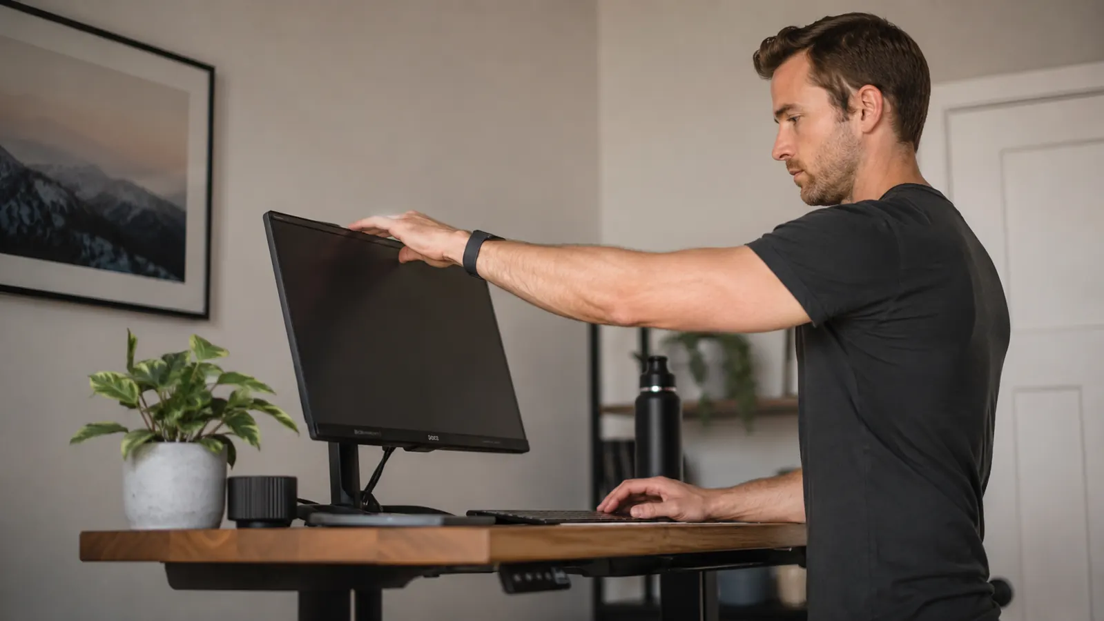 Person adjusting monitor tilt and height at a standing desk to reduce side viewing angles