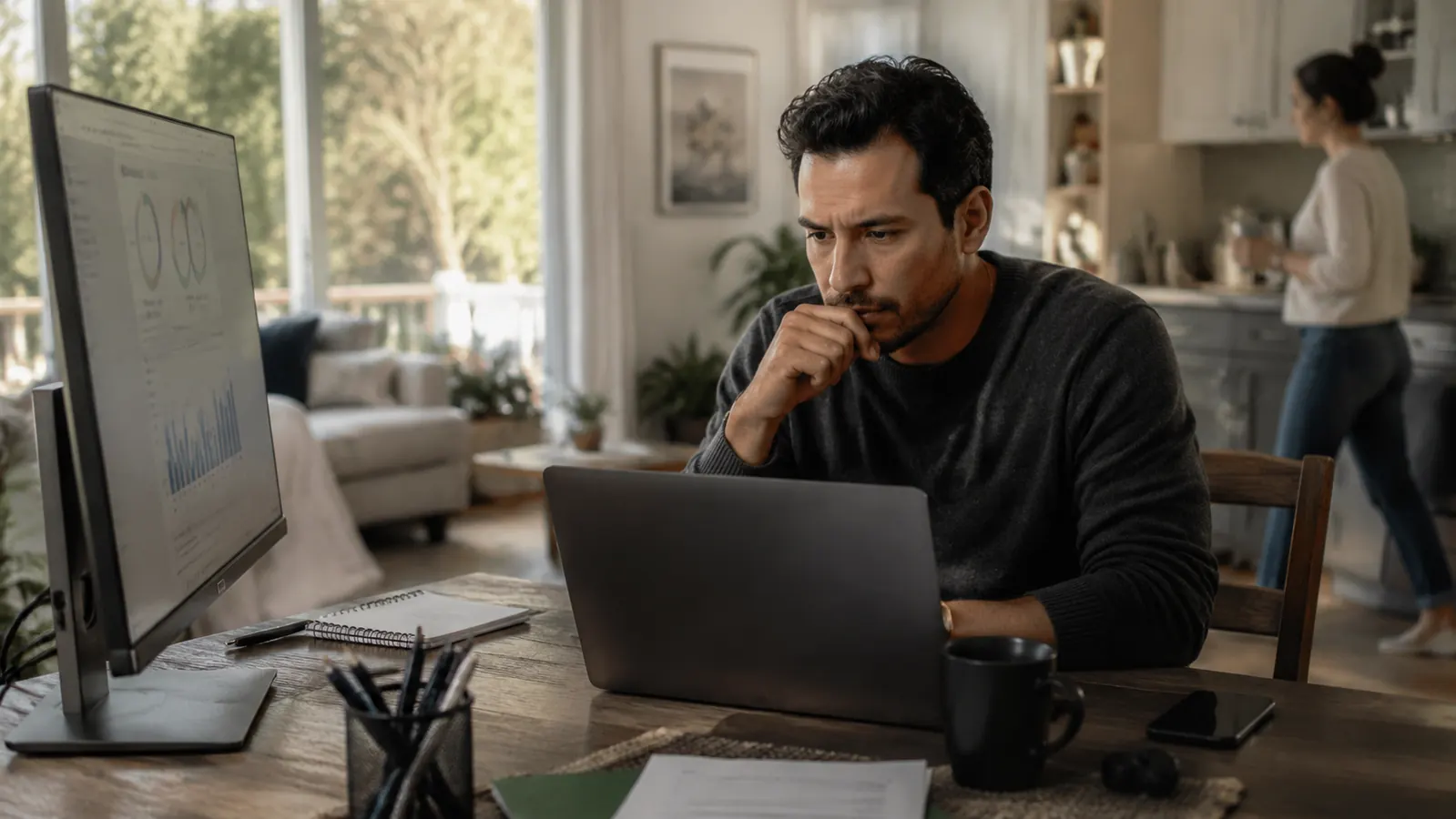 Remote worker at a desk in an open kitchen-dining area, monitor angled away from the room, warm morning light