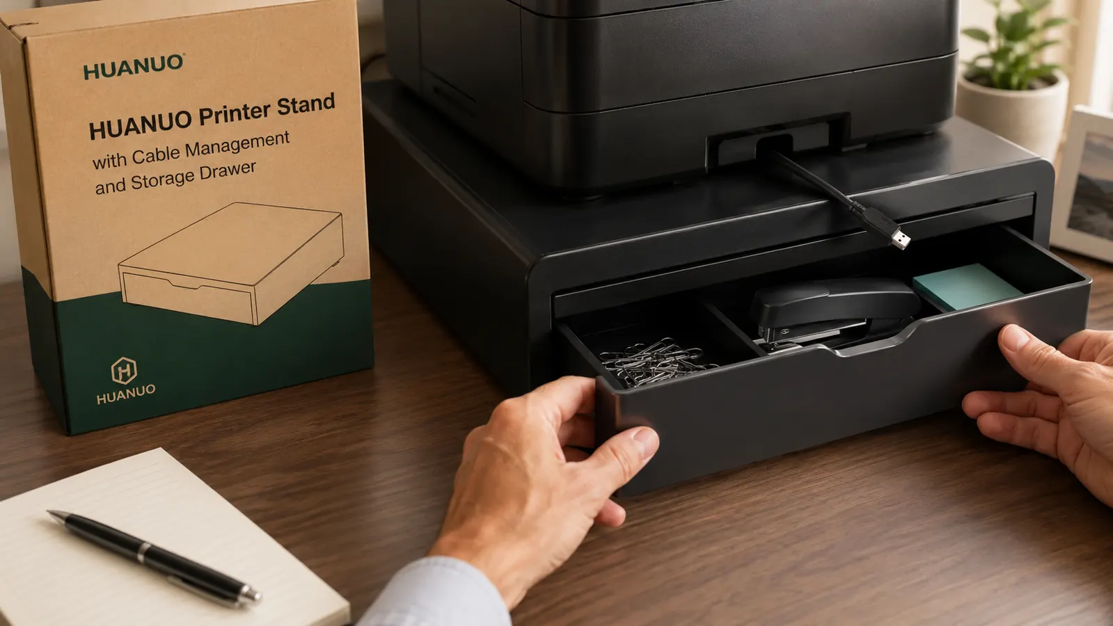 Close-up of the HUANUO printer stand drawer open, showing office supplies organized inside, with printer cables routed cleanly through the back cutout