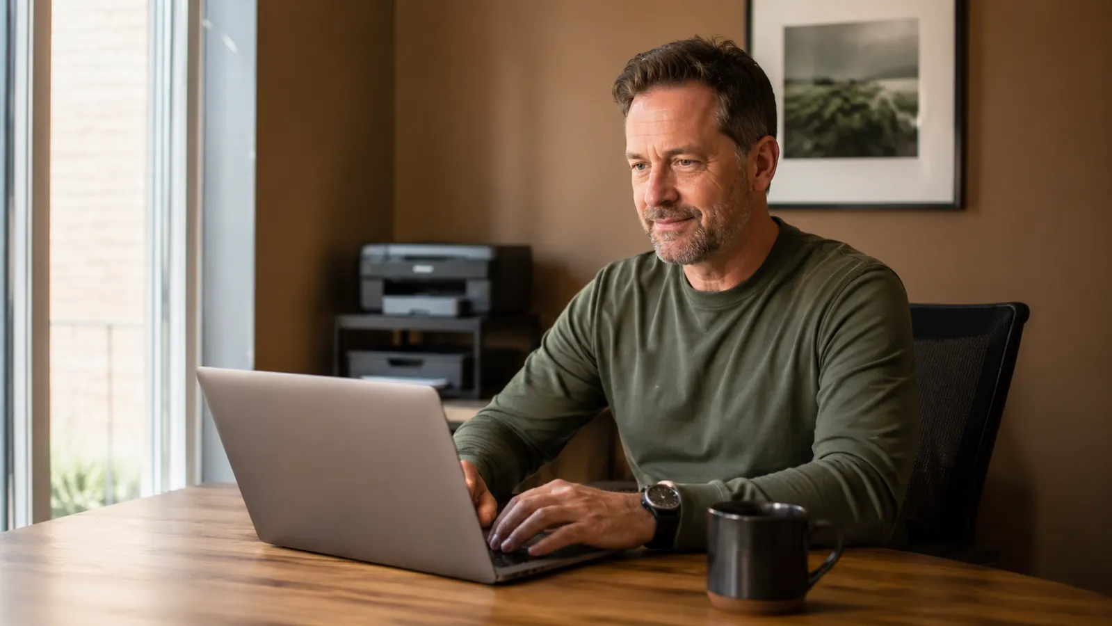 A person sitting comfortably at a home office desk, working on a laptop with a clear open workspace, a printer visible on a stand in the background