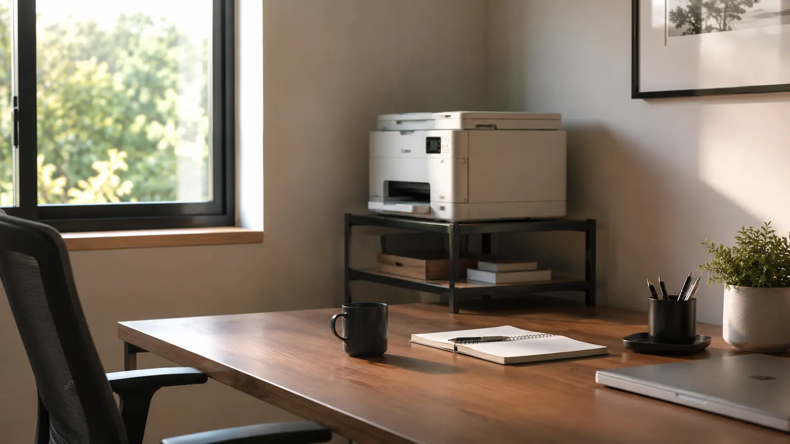 A tidy home office desk with clear surface space, a monitor centered on the desk, and a printer neatly raised on a stand beside the workspace