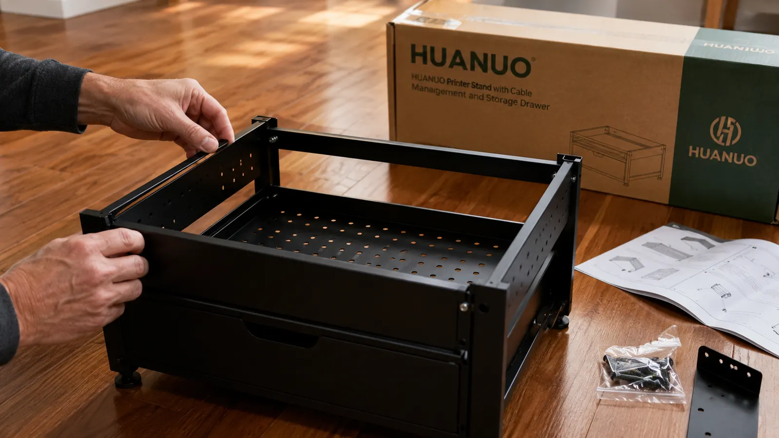 Hands assembling the HUANUO printer stand frame, tightening screws on the side panels