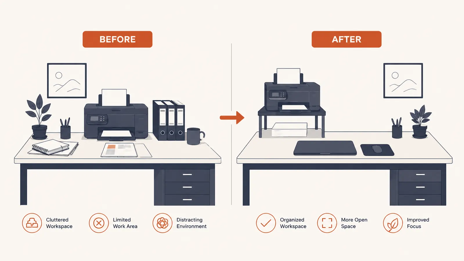 Before and after desk comparison showing printer taking up desk space versus printer on stand with clear desk surface