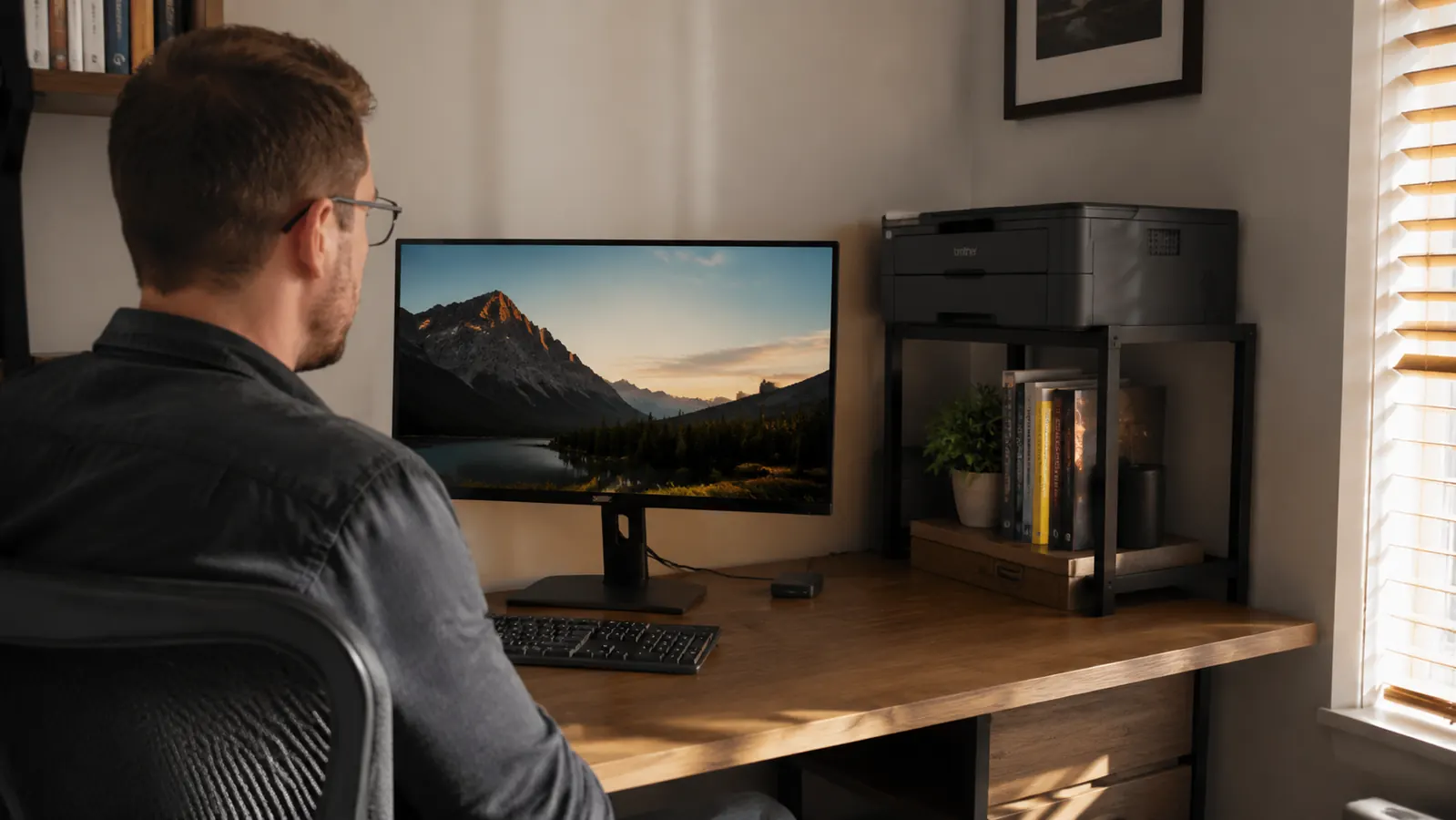 Organized small home office desk with printer lifted on a stand, cables routed cleanly underneath, storage drawer slightly open