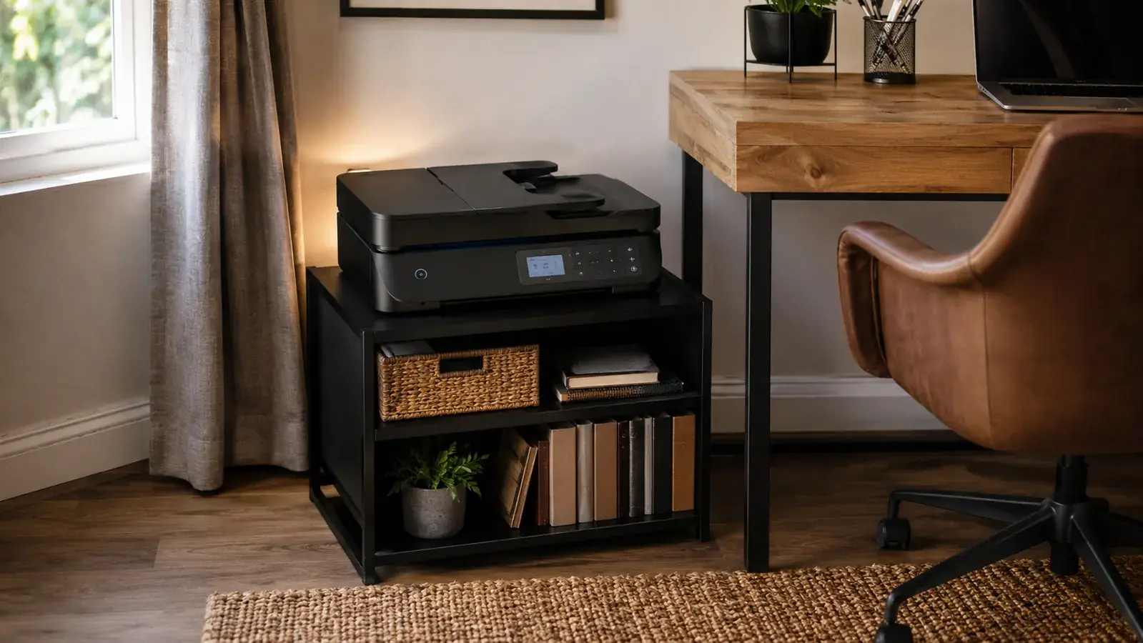 HUANUO printer stand with drawer in a small home office corner, cables routed through rear slots, printer on top surface