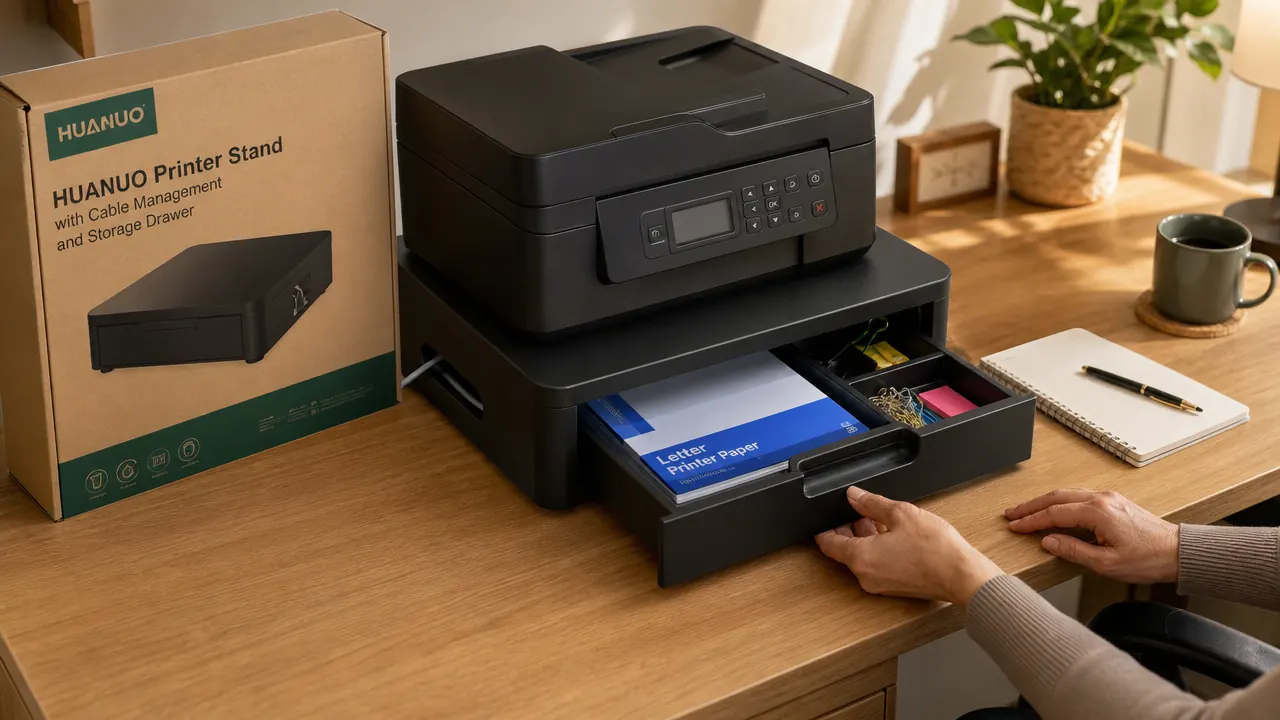 HUANUO printer stand with its storage drawer pulled open, showing paper reams and office supplies inside