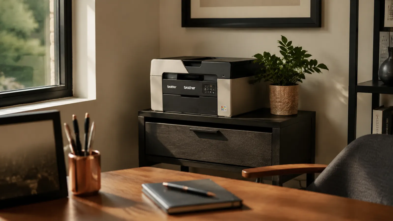Clean home office desk corner with a printer elevated on a stand, cables hidden, storage drawer visible below