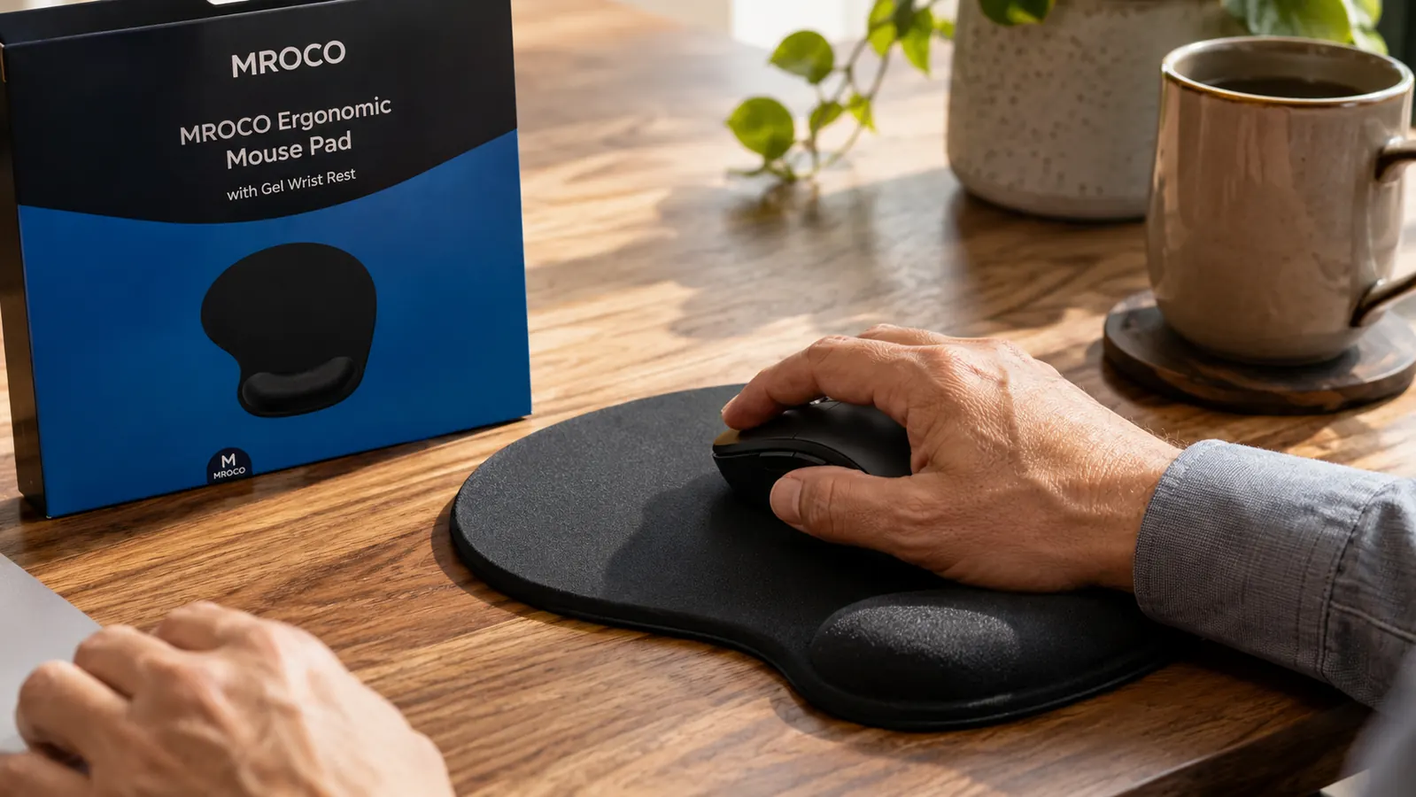 Close-up of a hand positioned correctly on an MROCO gel wrist rest mouse pad, showing the wrist floating just above the gel cushion