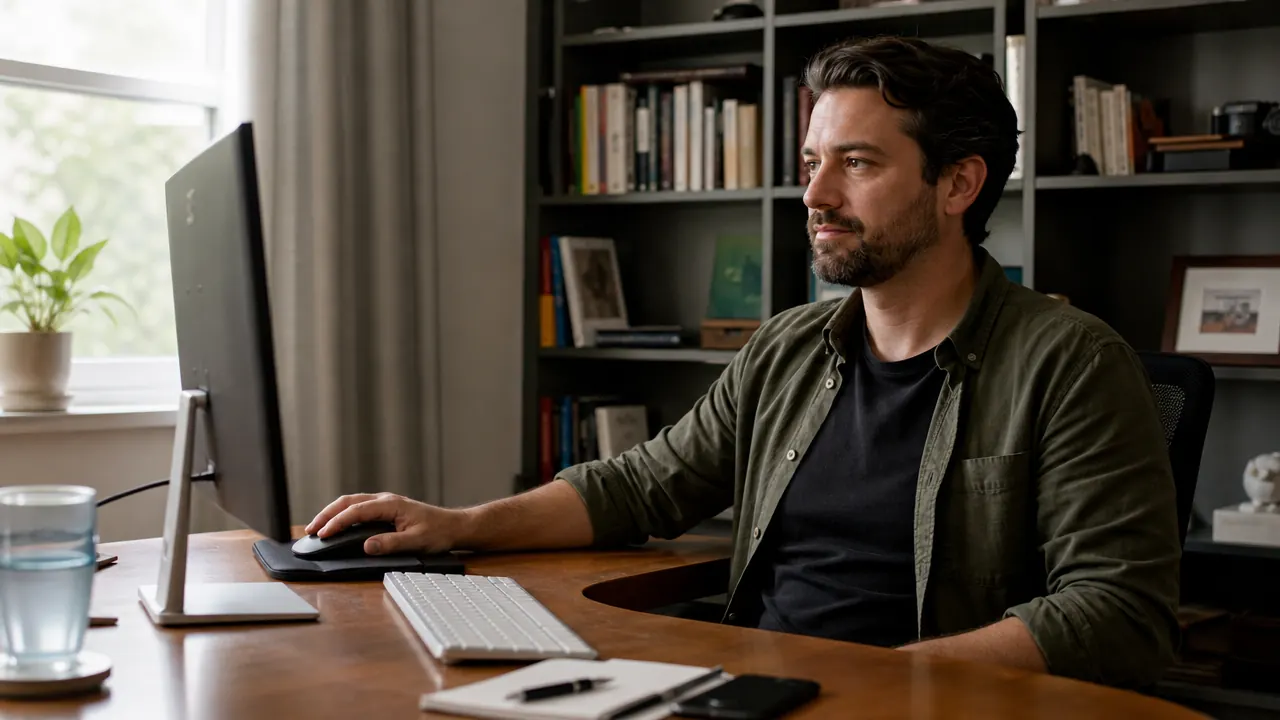 Person sitting at a home office desk looking relaxed and productive, hand resting on an ergonomic mouse pad