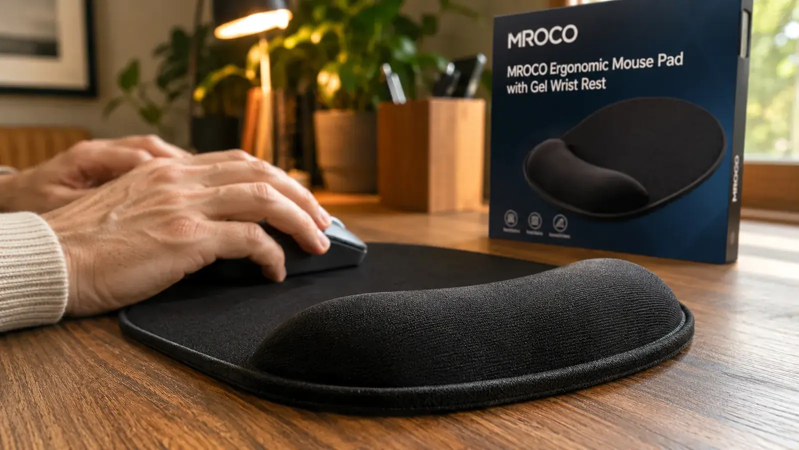 Close-up of the gel wrist rest edge of an MROCO mouse pad showing the fabric cover and the height of the cushion