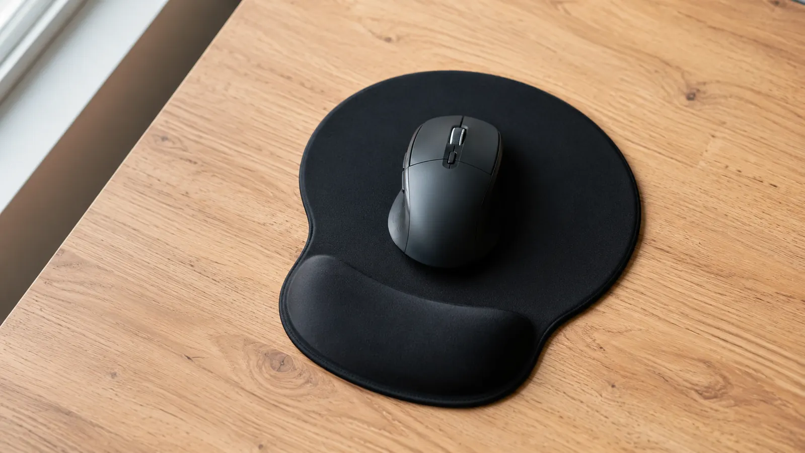 MROCO black ergonomic mouse pad with gel wrist rest sitting on a wooden home office desk, overhead view showing the full pad surface